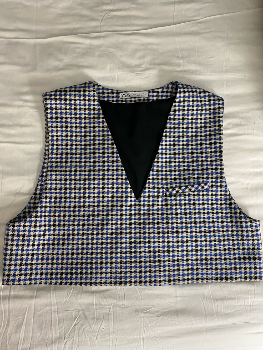 Zara Houndstooth Vest, Cropped V-Neck Top, Blue Plaid Checkered Gilet